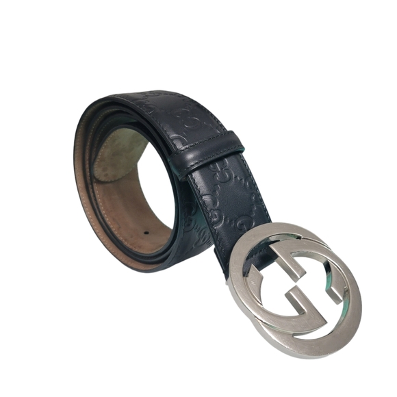 Gucci Guccissima Black Leather Belt Silver Interlocking GG 95/38 - Picture 1 of 8